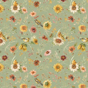Puede incluir: Patrón continuo con girasoles, pájaros y flores silvestres en tonos amarillos, naranjas y rojos. El diseño se presenta sobre un fondo verde suave, evocando un estilo vintage y botánico. Adecuado para telas o papel pintado.
