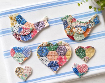 Junk Journal, New Patchwork Fabric Quilted Hearts Birds, Applique, Sewing, Crafting Embellishments