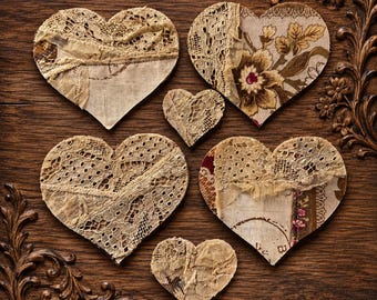Junk Journaling, Antique Lace Fabric, Hearts, Handmade Patches, Embellishment
