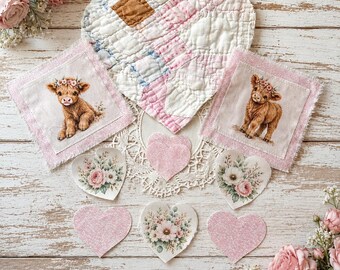 Fabric, Junk Journal Kit, Highland Cows, Antique Quilted Hearts, Quilt Blocks