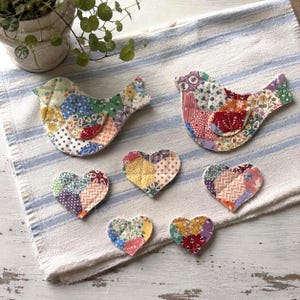 Junk Journal, New Patchwork Fabric Quilted Hearts Birds, Applique, Sewing, Crafting Embellishments