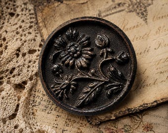 Vintage Buttons, Embossed Floral Metal Button, Brass Tone Design , 1 inch