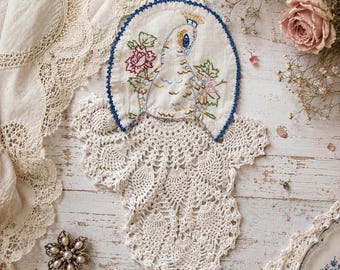 Junk Journal,  Embellishment Clothing, Decor, Vintage Embroidery Peacock Lace, Re-purposed Handmade