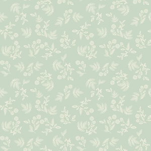 Puede incluir: Un patrón sin costuras con un fondo verde claro, adornado con un diseño repetitivo de motivos florales y de hojas blancas. Las delicadas ilustraciones botánicas presentan diversas formas de hojas y racimos de pequeñas bayas redondas.
