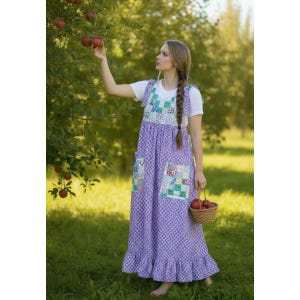 Puede incluir: Una mujer con una camiseta blanca y un vestido largo morado con estampado floral y detalles de patchwork. Está recogiendo manzanas de un árbol, sosteniendo una pequeña cesta de manzanas.