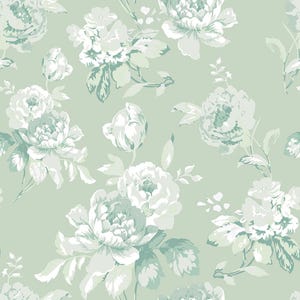 Puede incluir: Patrón continuo de grandes flores estilizadas en blanco y verde azulado apagado sobre un fondo verde pálido. El diseño incluye pétalos y hojas detallados, creando una estética clásica y elegante. Ideal para papel pintado o tela.