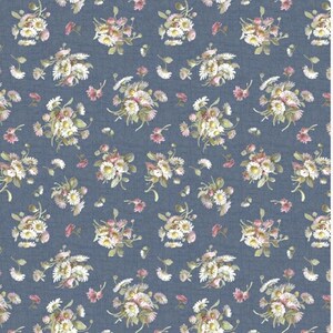 May include: A repeating pattern of floral bouquets and scattered blossoms. The flowers are primarily white and pink, with green leaves, set against a textured, muted blue background. The design evokes a vintage or cottagecore aesthetic.