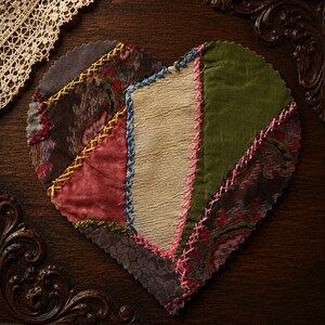 May include: A heart-shaped patchwork textile with various fabric patterns and colours, including red, green, brown, and beige. The pieces are stitched together with colourful thread, creating a handcrafted appearance. The textile is placed on a dark wooden surface.