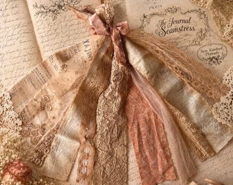 Junk Journal Fabric Strips Bundle, Vintage Lace Fabrics, Set 11 Large Strips