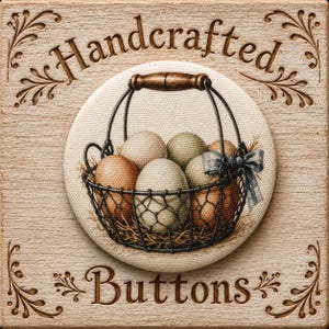 May include: A square wooden plaque with the text Handcrafted Buttons engraved at the top and bottom. The center features a circular fabric insert depicting a wire basket filled with assorted eggs, straw, and a small blue ribbon bow.