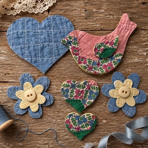 May include: Handmade fabric crafts including a blue quilted heart, a pink bird with floral accents, and blue flower shapes with button centres. A wooden spool of blue thread and a blue ribbon are also present.