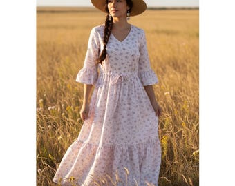 Womens Maxi Dress, Cotton Handmade, Pink Floral