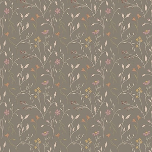 Puede incluir: Un patrón continuo con elementos florales estilizados. El diseño presenta tallos delgados y curvos adornados con pequeñas flores de color rosa pálido, amarillo y naranja, y hojas verdes sutiles, todo sobre un fondo gris-marrón apagado. La estética general es suave y natural.