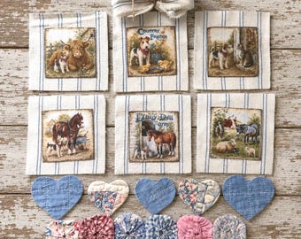 Fabric, Junk Journal Kit, Farmhouse Vintage, Antique Quilt Hearts and YO YO's