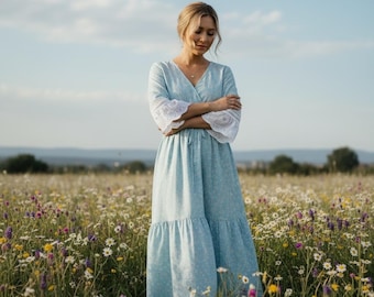 Women's Maxi Dress, Cotton Handmade, Blue Floral Daisies Lace, Size XL