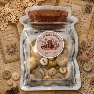 May include: A clear plastic pouch shaped like a glass jar with a cork lid, filled with assorted cream-colored buttons. A circular label on the front features a spool of thread, scissors, floral illustrations, and the text Sew Kindred Threads John 3:16.