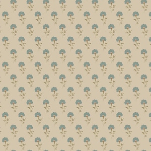 Puede incluir: Patrón repetitivo de flores azules estilizadas con tallos y hojas marrones sobre un fondo beige. El diseño floral está espaciado uniformemente, creando un patrón simétrico y visualmente atractivo, adecuado para tela o papel pintado.