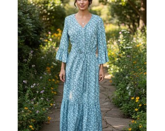 Women's Maxi Dress, Cotton Handmade, Blue Gray Floral