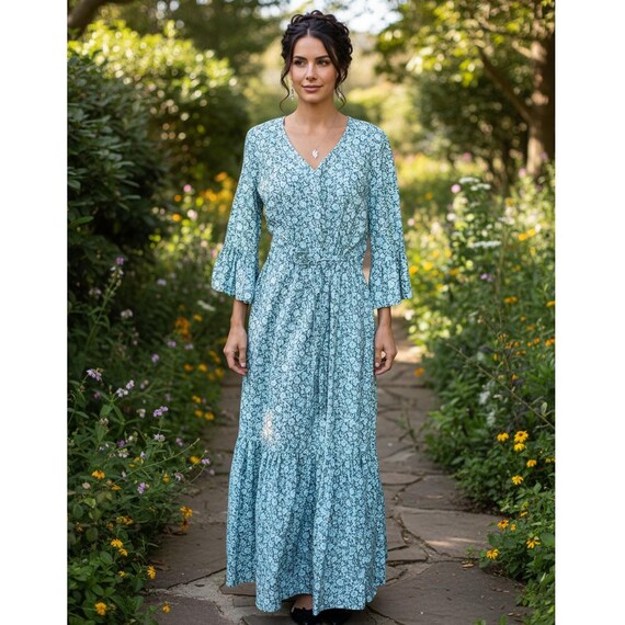handmade designer dresses Women's Maxi Dress, Cotton Handmade, Blue Gray Floral short sleeve loungewear dress Cotton dress plus size womens trendy clothing Fit:Curve Pricing Made Just For