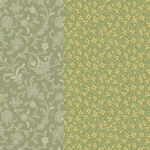 Könnte beinhalten: Zweiteiliges Design mit floralen Mustern. Die linke Tafel hat einen salbeigrünen Hintergrund mit weißen Blumenranken. Die rechte Tafel hat einen grünen Hintergrund mit kleinen gelben Blütentrauben.