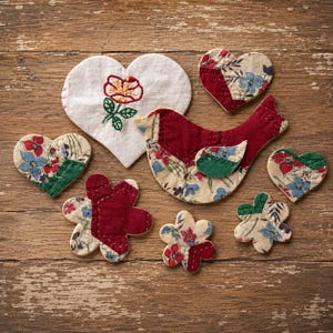 Vintage Quilt Scraps, Handmade Patches, Bird Heart Set of 8, Junk Journal Ephemera