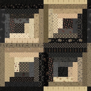May include: A quilt featuring a log cabin block pattern composed of various fabric strips in shades of black, charcoal, cream, and tan. The design incorporates diverse small-scale floral, geometric, and striped prints arranged in a repeating grid.