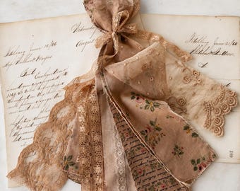 Junk Journal Fabric Lace Strips Bundle with Complimentary Gift,  Authentic 1866 Antique Rag Paper