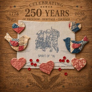 May include: A beige fabric square featuring a blue embroidered illustration of three children playing drums and a flute, with the text "SPIRIT OF '76". It is surrounded by quilted fabric hearts, birds, and red buttons on a wooden surface.