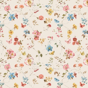 Puede incluir: Un patrón floral con fondo crema con flores estilo acuarela en rosa, amarillo, rojo y azul. Mariposas y delicadas enredaderas se entrelazan entre las flores, creando una estética vintage y romántica.