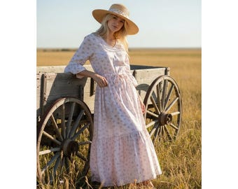 Womens Maxi Dress, Cotton Handmade, Pink Floral, Size Large