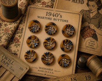 Antique Buttons, Plastic 40's Two Tone Brown, Sewing Buttons Set of 9