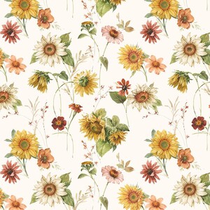 Puede incluir: Un patrón repetido de girasoles, margaritas y otras flores silvestres en tonos amarillos, naranjas, rojos y rosas. Las flores se colocan sobre un fondo color crema, creando una estética vintage y botánica.