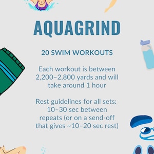 Peut inclure: Graphique illustré avec le texte "AQUAGRIND" et "20 SWIM WORKOUTS". L'image comprend des illustrations de nageurs, d'équipements de natation et de détails d'entraînement. Chaque entraînement est entre 2 011-2 560 mètres et dure environ 1 heure.