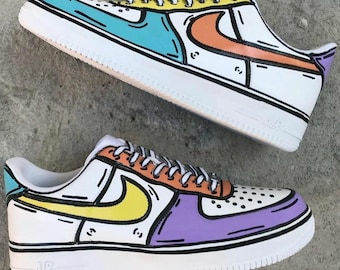 Zapatillas Air Force 1 personalizadas con dibujos animados de colores, regalo, para hombre y mujer, AF1, moradas, lilas, personalizadas, para niños, pintadas a mano.