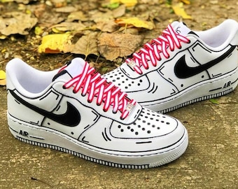 Zapatillas Air Force 1 personalizadas en negro y rojo con dibujos animados, regalo, para hombre y mujer, AF1, rojas, dibujos animados, negras, zapatillas personalizadas, para niños, zapatos, pintadas a mano.