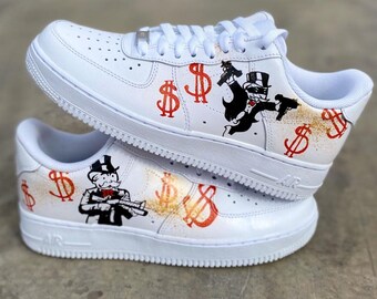 Zapatillas Air Force 1 personalizadas de Monopoly Man, regalo, hombre, mujer, AF1, Monopoly, Alec Monopoly, dinero, zapatillas personalizadas, niños, zapatos, pintados a mano