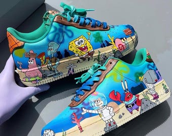 Parte inferior del bikini de Bob Esponja Air Force 1 Zapatillas personalizadas, regalo, hombres, mujeres, Patricio Estrella, Bob Esponja, zapatillas personalizadas, niños, zapatos, pintados a mano