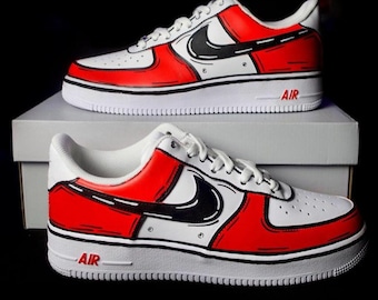 Zapatillas Air Force 1 personalizadas rojas con diseño de dibujos animados, regalo, hombre, mujer, AF1, morado, dibujos animados, rojo, zapatillas personalizadas, niños, zapatos, pintadas a mano