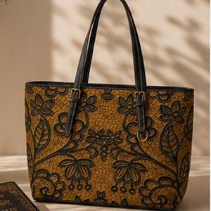 Floral Shoulder Bag for Women, Brown PU Leather Purse, Vintage Botanical Handbag, Elegant Everyday Bag