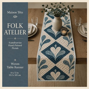 Blue Floral Table Runner 14x72 | Scandinavian Quilted Table Runner | Folk Art Table Decor | Farmhouse Table Linen