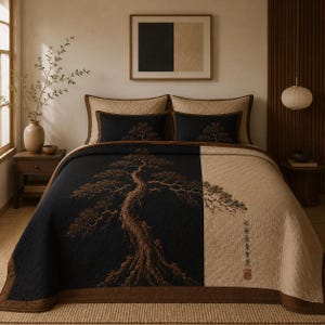 May include: A quilted bedspread featuring a split design of black and beige fabric. The black section displays a large, detailed brown tree graphic, while the beige section includes a smaller tree and vertical Chinese text with a red seal.
