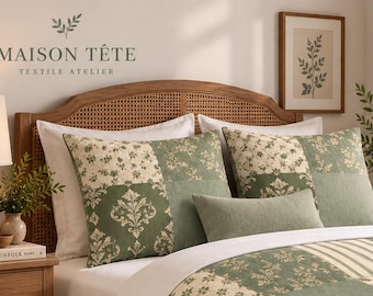 Sage Green Pillow Sham, Botanical Patchwork Cotton Sateen, Cottage Farmhouse Bedding