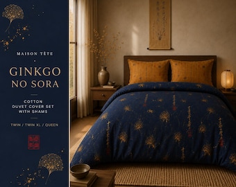 Cotton Duvet Cover Set with Shams, Ginkgo No Sora Botanical Bedding, Japanese Navy Blue Bedding, 100% Cotton