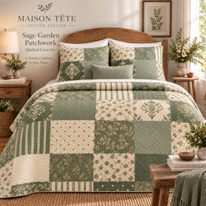 Green Patchwork Floral Quilted Coverlet | Chevron Quilted Bedspread