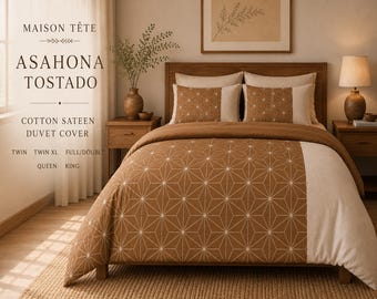 Brown Cotton Sateen Duvet Cover, Japanese Asahona Bedding, Twin Full Queen King