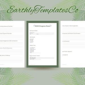 May include: Printable NDIS Progress Notes templates with a green border. The document includes sections for participant details, shift details, support type, and support worker details. The Earthly Templates Co logo is at the top.