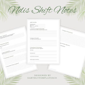 Może przedstawiać: Trzy białe dokumenty papierowe z napisem "Ndis Shift Notes" w zielonym skrypcie. Dokumenty zawierają sekcje do rejestrowania szczegółów zmiany, działań i postępów. Projekt zawiera jasny zielony wzór liści palmowych.