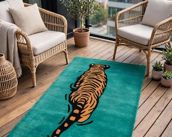Teal Tiger Wool Rug | Hand Tufted Maximalist Animal Area Rug | Green Kids Room Nursery Decor | Custom Sizes 3x5 5x8