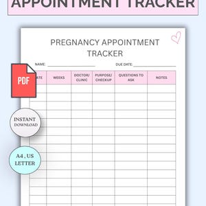 May include: A white pregnancy appointment tracker document with a pink header and a small heart icon. The form includes fields for name, due date, date, weeks, doctor or clinic, purpose or checkup, questions to ask, and notes. Includes PDF, instant download, A4, and US letter text.