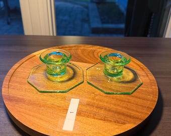 Vintage Uranium Glass Candlestick Holders Pair | Art Deco Octagonal Bases | Brilliant 395nm UV Glow | Depression Era Glass | Item Number 236